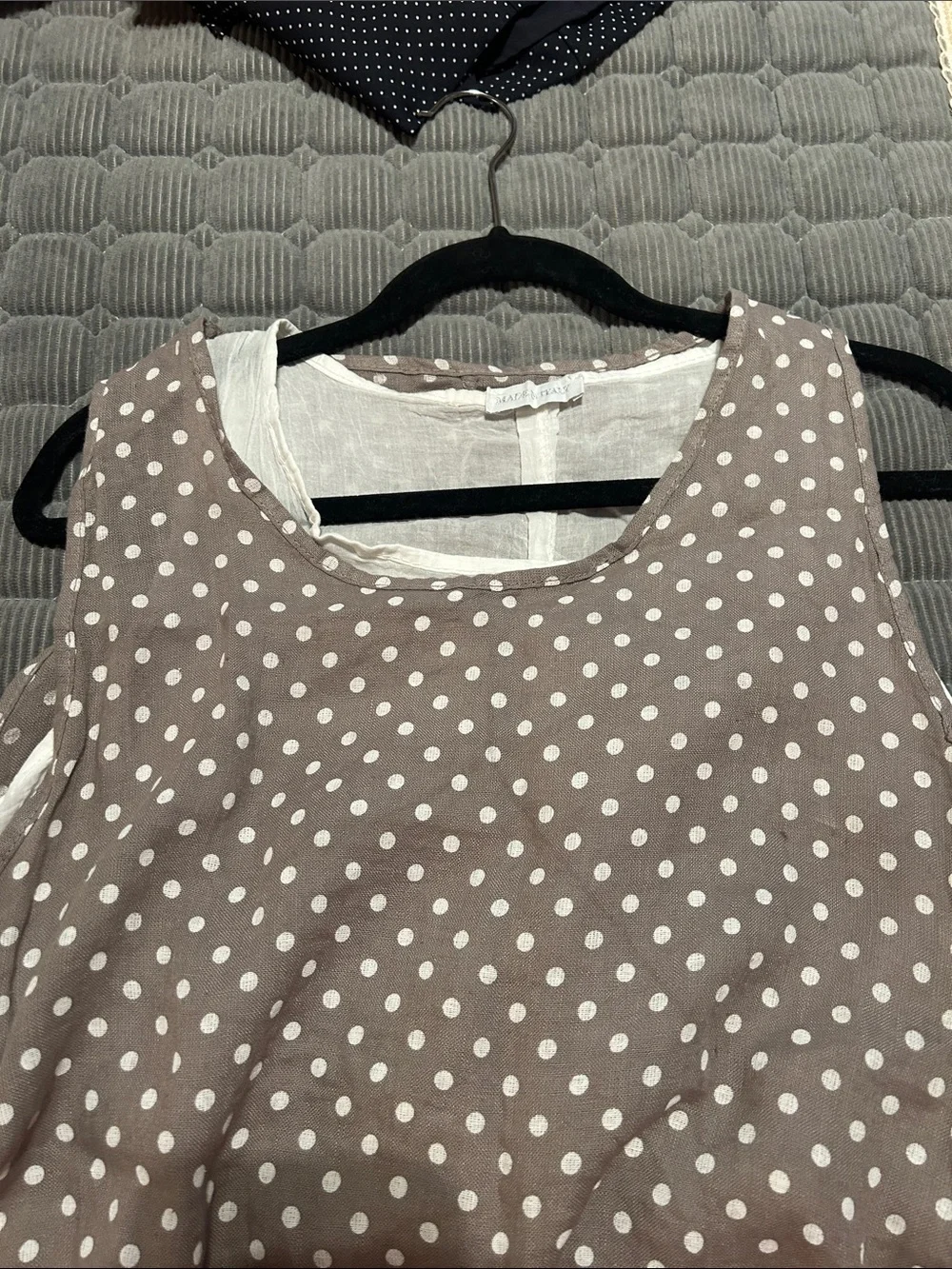 Polka Dot Sleeveless Overlay Tank Top in Taupe and White - Picture 2 of 8